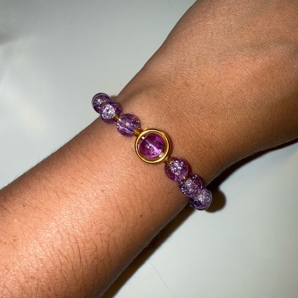 Purple and Gold Beaded Bracelet with Heart Charm - Picture 3 of 3